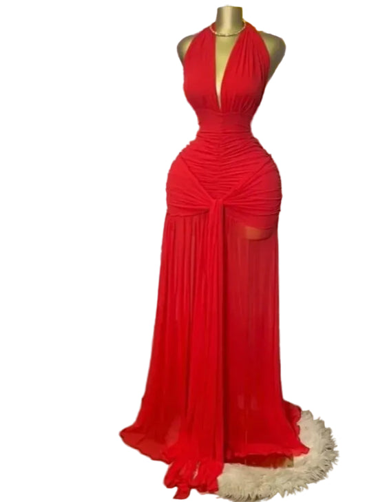 Floral Halter Backless Maxi Dress | V-Neck Ruched Ruffles Fit & Flare Party Dress Luxegan
