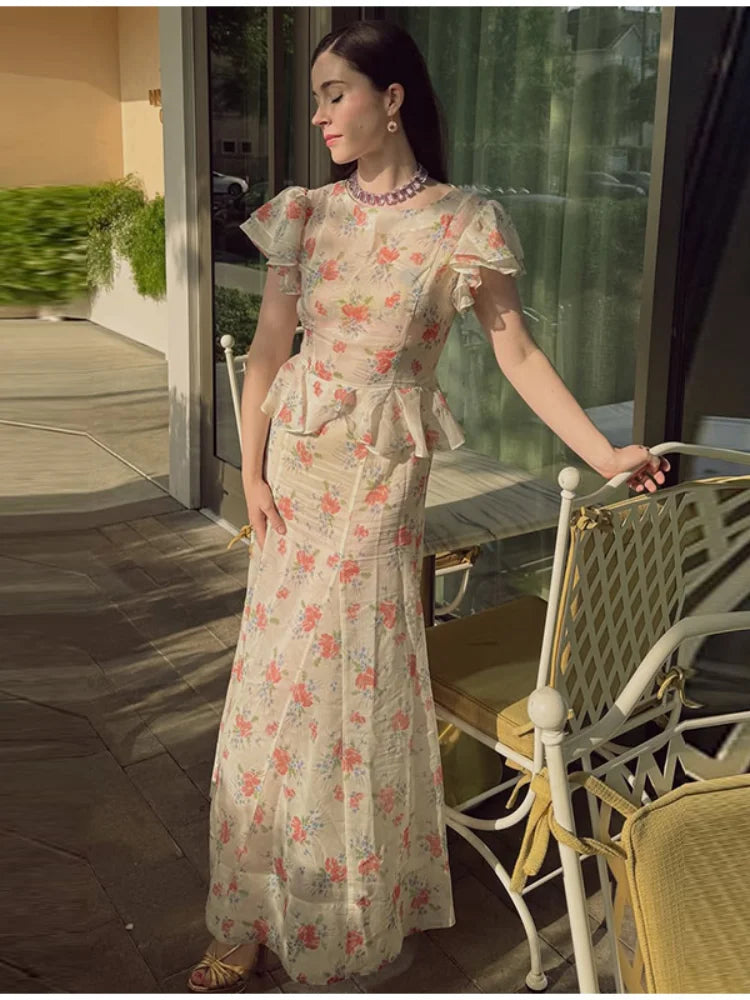 Organza Floral Printed Maxi Dress V-Neck  Puff Sleeve 2026 Spring/Summer Romantic Women Party Gown Fashion Elegant Lady Vestidos