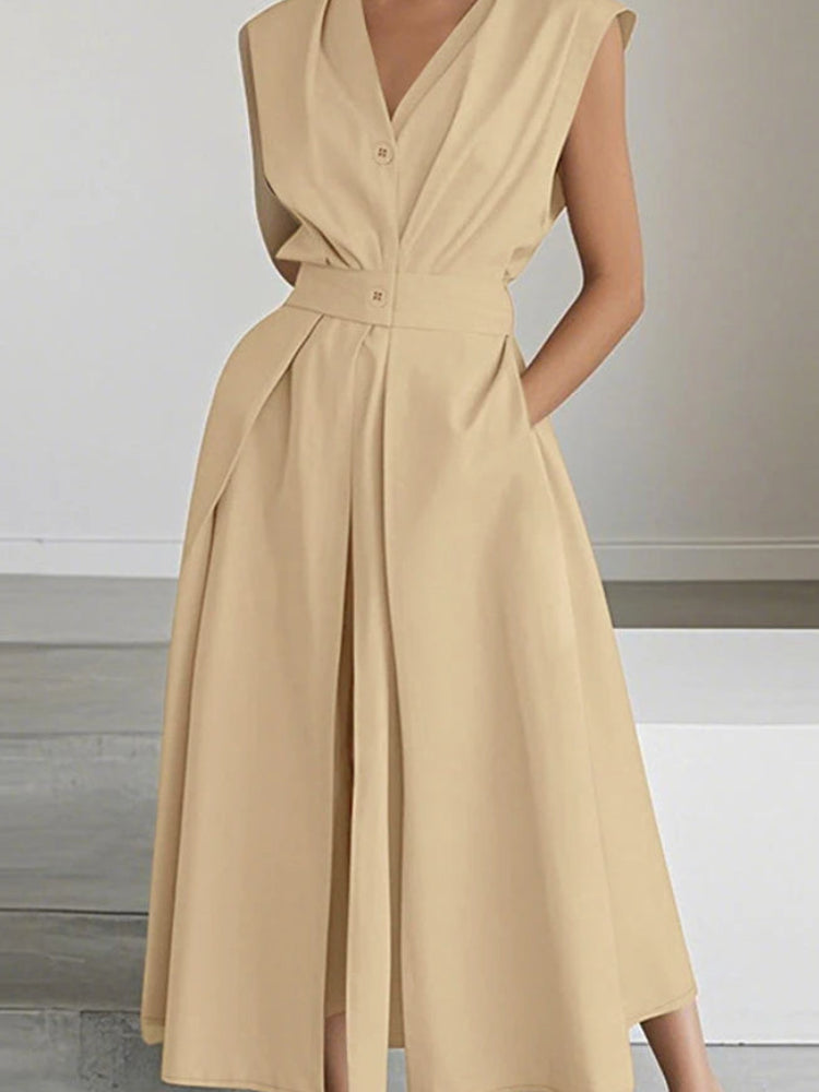 Solid Turn-Down Collar Short Sleeve Regular Fit A-Line Ankle-Length Dress – Polyester, Empire Waist, Summer Luxegan
