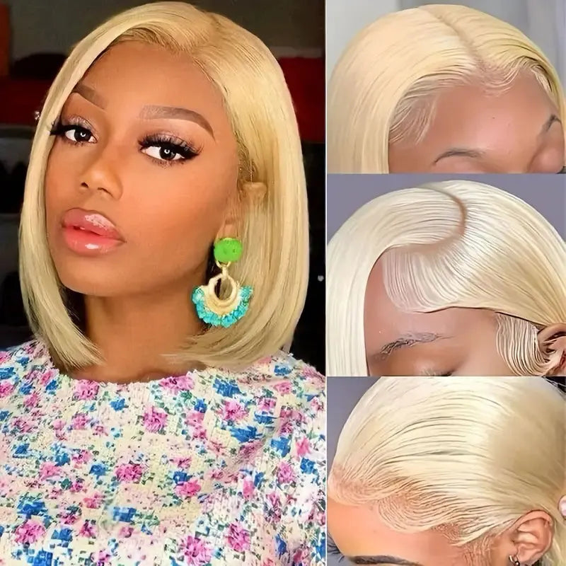613 Blonde Straight Short Bob Wig - 13x4 & 4x4 Transparent Lace Frontal Human Hair Wig - 150% Density Pre-Plucked Honey Blonde Brazilian Remy Wig for Women (8-16 Inch) Luxegan