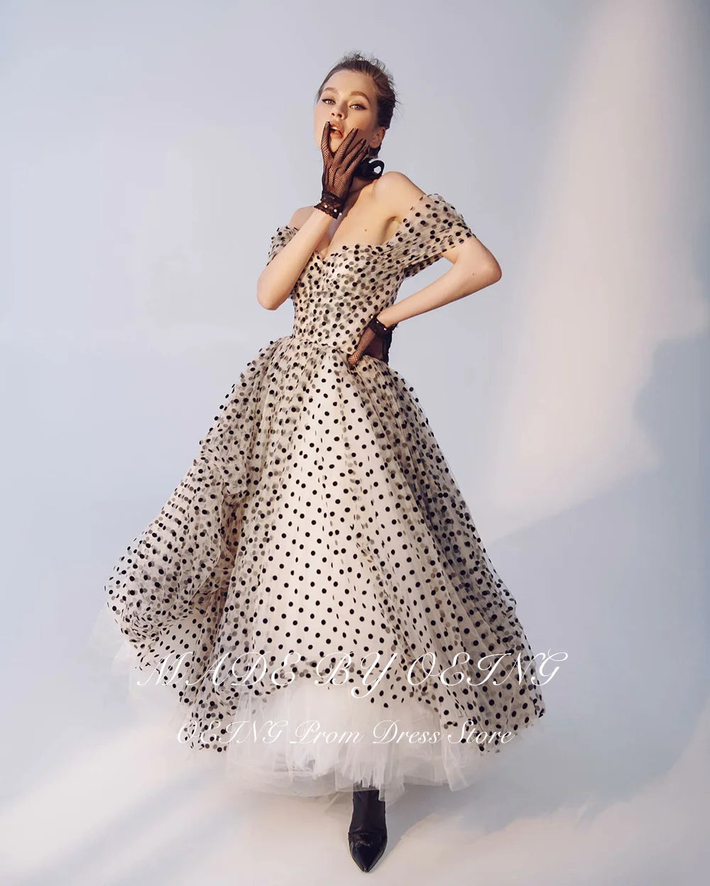 Vintage Dot Tulle Prom Dress | Elegant Princess Off-The-Shoulder Evening Gown | Tea-Length Empire-Waist Draped Ruffle Party Dress Luxegan