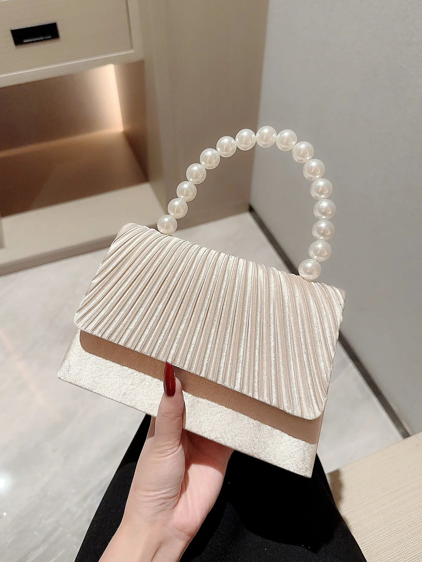 Classic Pleated Satin Evening Bag | Pearl Handle Wedding & Party Purse Luxegan
