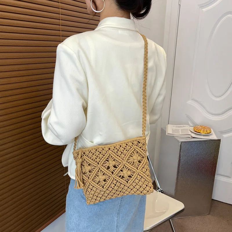 Summer Hollow-Knit Straw Bag | Sophisticated Tassel-Decorated Shoulder Messenger | Elegant Beach Travel Crossbody | "Dignified" Soft Cotton-Rope Pouch for Versatile Vacation Styling Luxegan