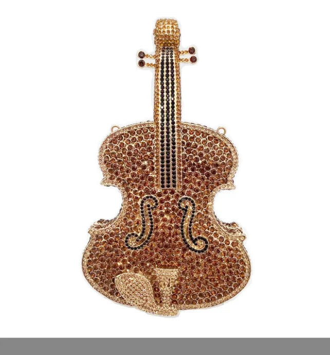 Luxury Violin-Shaped Crystal Evening Clutch | Sophisticated Rhinestone-Encrusted Dinner Purse | Elegant Bridal Handbag with Genuine Leather Lining | "Dignified" Structured Minaudière for High-Fashion Events Luxegan