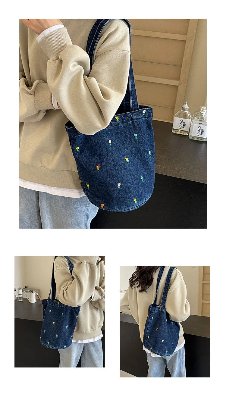 Designer Denim Bucket Bag | Vintage Floral Canvas Shoulder Bag & Crossbody | Casual Unisex Tote with Linen Lining and Hasp Closure Luxegan