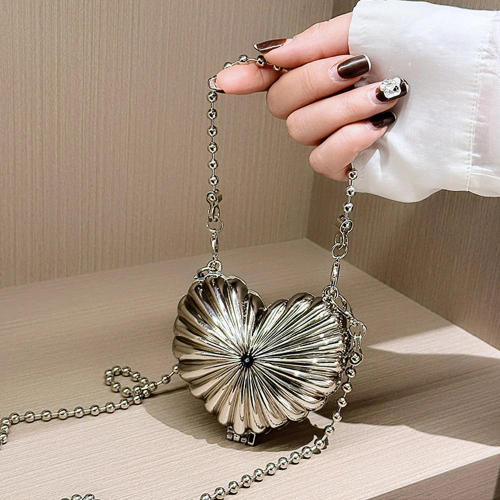 Metallic Heart Shell Minaudiere | Hard Golden/Silver Designer Evening Clutch Luxegan