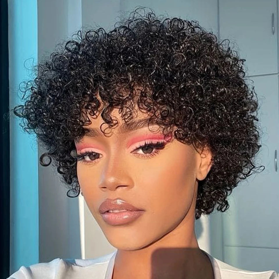 Sleek Short Pixie Afro Kinky Curly Wig with Bangs | Glueless Peruvian Remy Hair Bob Luxegan