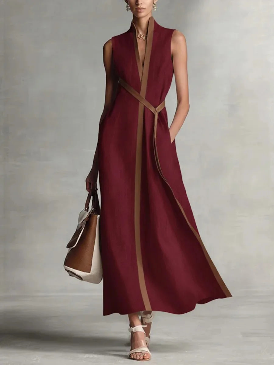 V-Neck Lace-Up Sleeveless Loose Midi Dress | Solid Casual Fashionable Spring Summer Long Dress