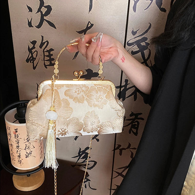 Chinese Style Embroidered Shoulder Bag | Sophisticated Retro Small Square Handbag | Elegant Wedding & Party Evening Clutch | "Dignified" Shell-Shaped Luxury Designer Bag for Formal Styling Luxegan