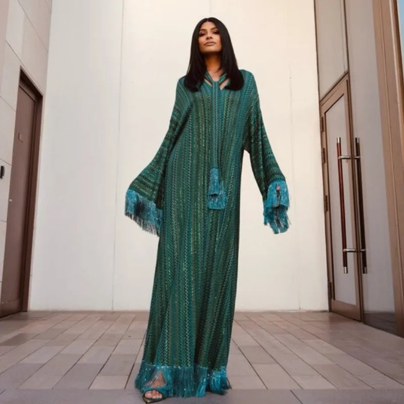 Striped V-Neck Long Sleeve Tassel Hem Loose Fit Ankle-Length Dress – Natural Waist, Autumn/Winter Luxegan