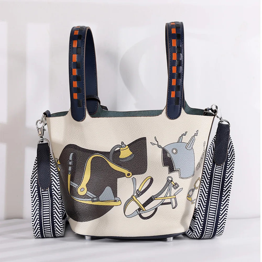 Premium Painting Vegetable Basket Handbag | First Layer Cowhide Genuine Leather Bucket Bag | Artistic Geometric Pattern Tote with Adjustable Strap | Elegant Daily Matching Fashion Purse Luxegan