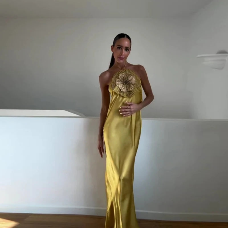 Elegant Party Women's Dress 3D Flower Halter Sleeveless Backless Mermaid Satin Female Dresses 2026 Summer Chic Evening Lady Robe