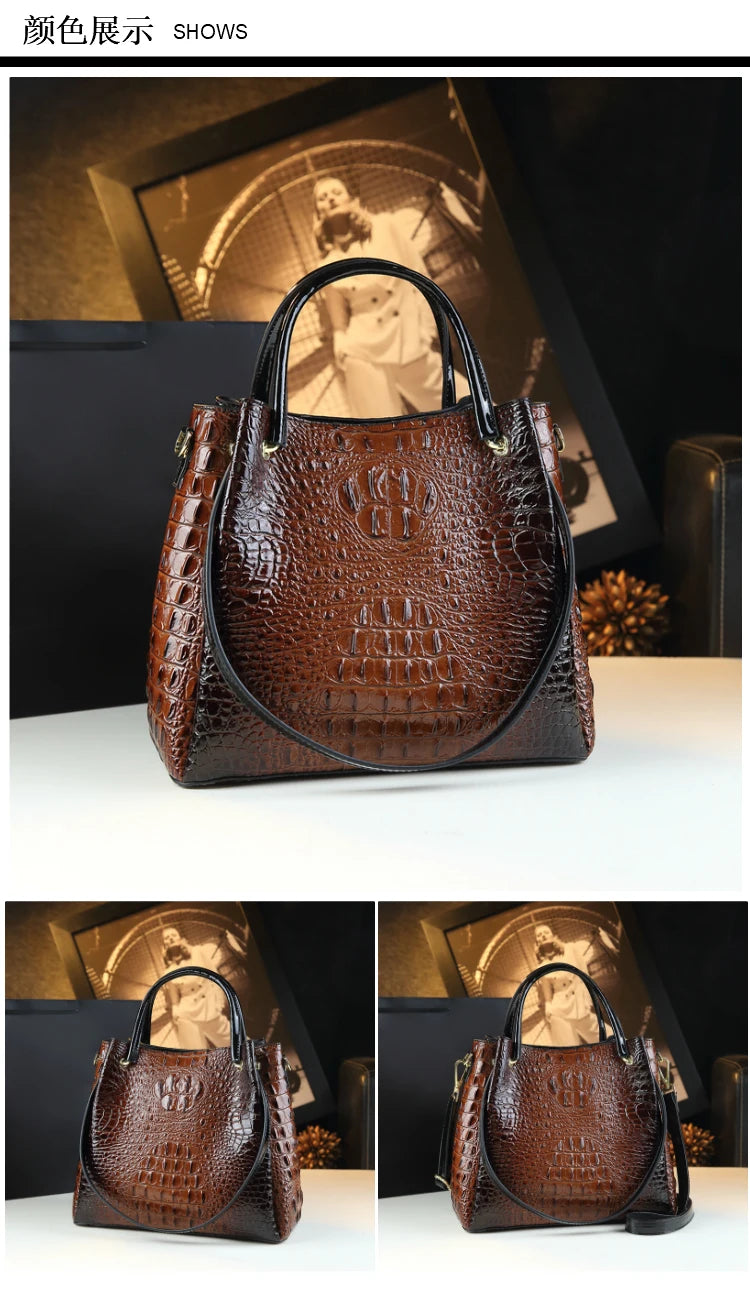 Genuine Leather Crocodile Print Bucket Bag | Vintage Tote & Messenger Luxegan