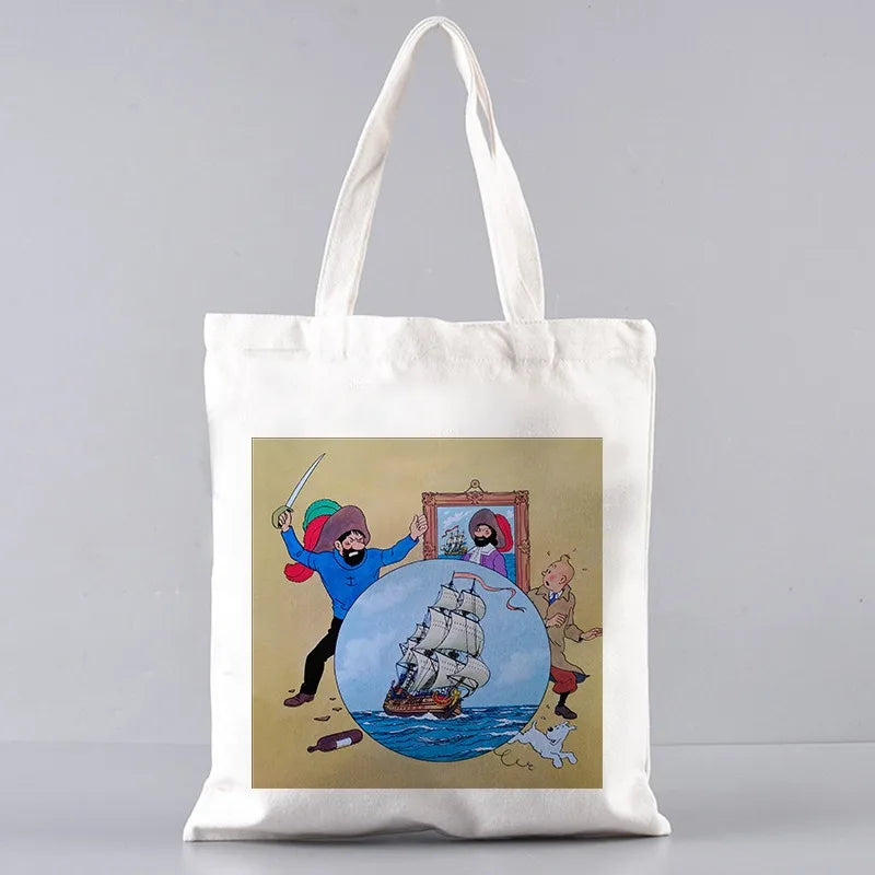 Soft Tintin Cartoon Canvas Large Capacity Tote | Open-Top Shopping Bag Luxegan