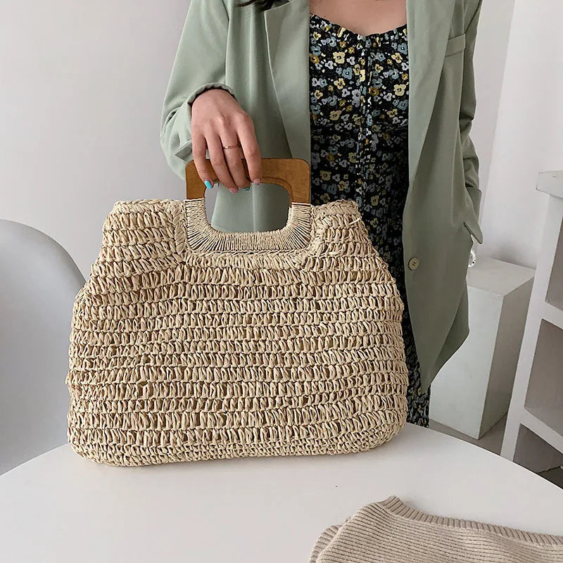 Summer Woven Straw Handbag | Wooden Handle Bag & Large Capacity Beach Tote Luxegan