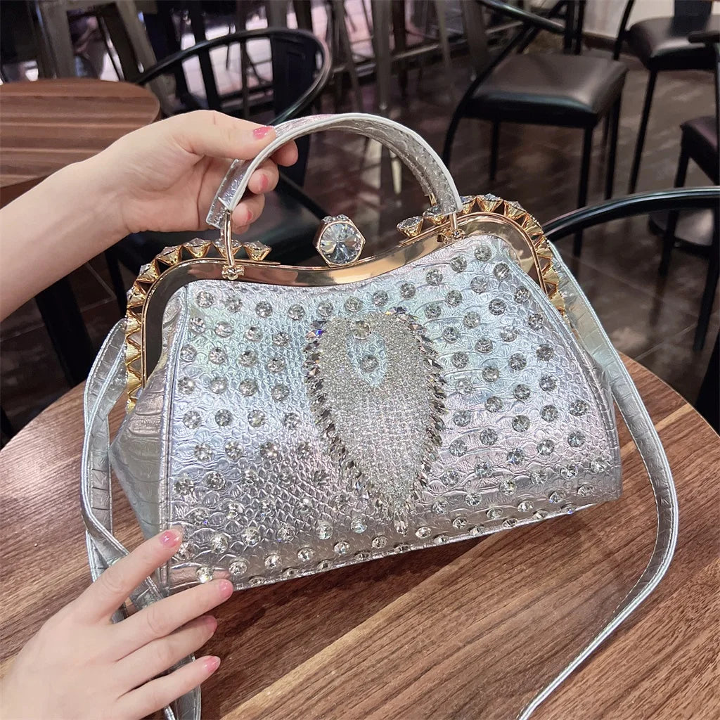PU Leather Serpentine Frame Bag | Hard Rhinestones Top-Handle Crossbody Luxegan