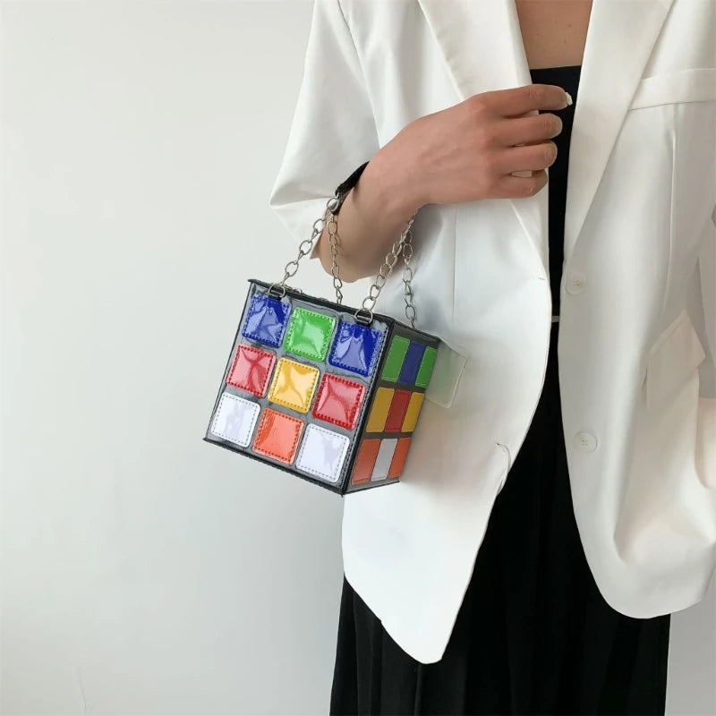 Women’s Geometric Cube Handbag | Colorful Square Box Shaped Clutch Bag | Minimalist Microfiber Synthetic Leather Evening Purse & Top-Handle Bag Luxegan