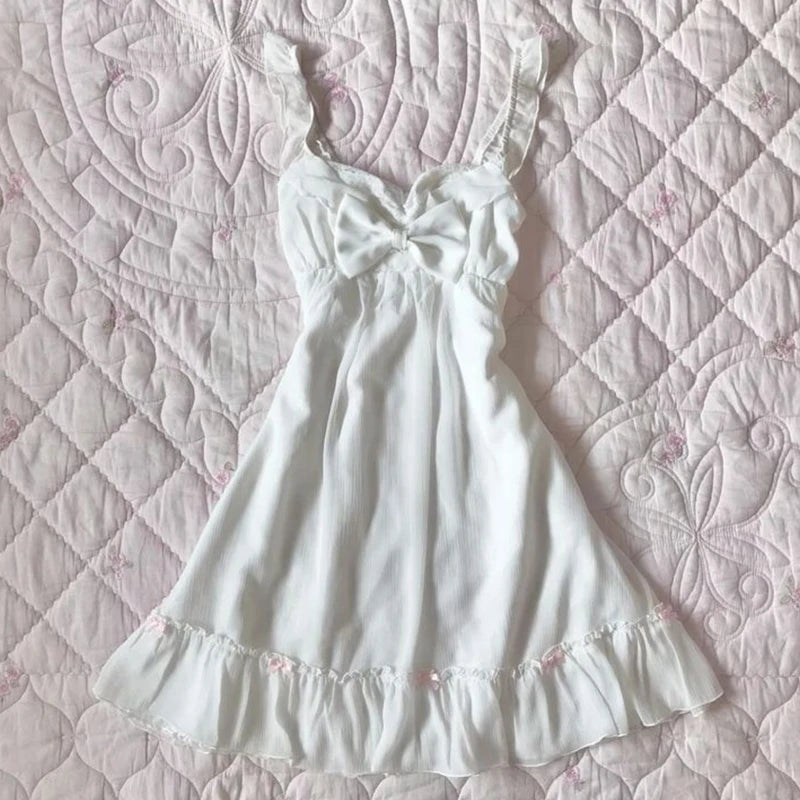 Solid V-Neck Spaghetti Strap Sleeveless Bow Detail Regular Fit A-Line Mini Dress – Natural Waist, All Season Luxegan