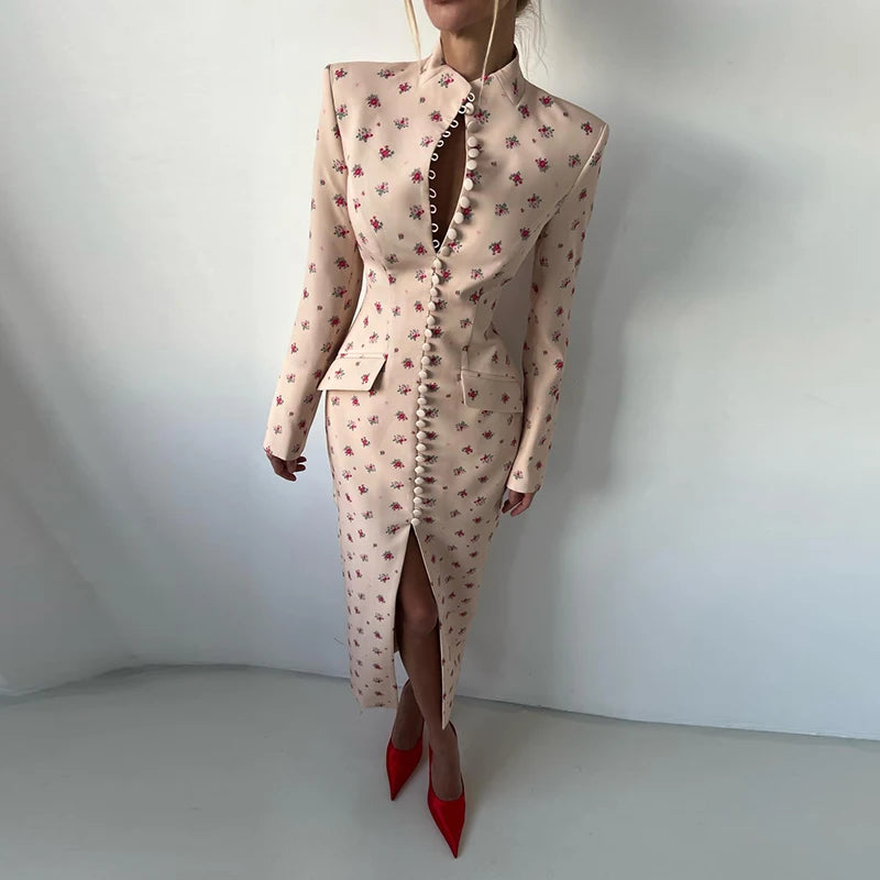 Elegant Solid Buttons Long Dress Women Waist Cinched Shoulder Pads High Collar Slit Dresses 2026 Spring Summer Lady Party Robes