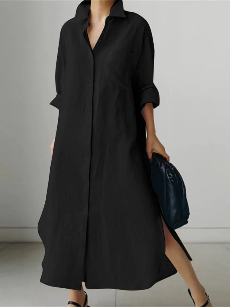 Lapel Neck Button-Down Long Sleeve Loose A-Line Midi Shirt Dress | Boho Vintage Casual Sundress Luxegan