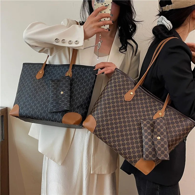Retro European & American Large-Capacity Tote | Classic Letter Print PU Leather Shoulder Bag | Sophisticated