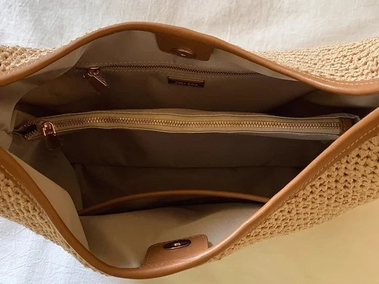 Vintage Straw Summer Beach Tote | Sophisticated High-Capacity Leather-Trimmed Handbag | Elegant Casual Paper-Straw Shoulder Bag | "Dignified" Structured Carryall for Anniversaries & Birthdays Luxegan