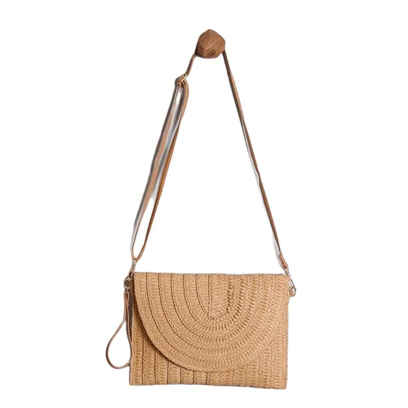 Bolsos de playa de verano para mujer Bolso bandolera de paja hecho a mano con sobre Bolso de hombro trenzado Bolso de mano de vacaciones tejido