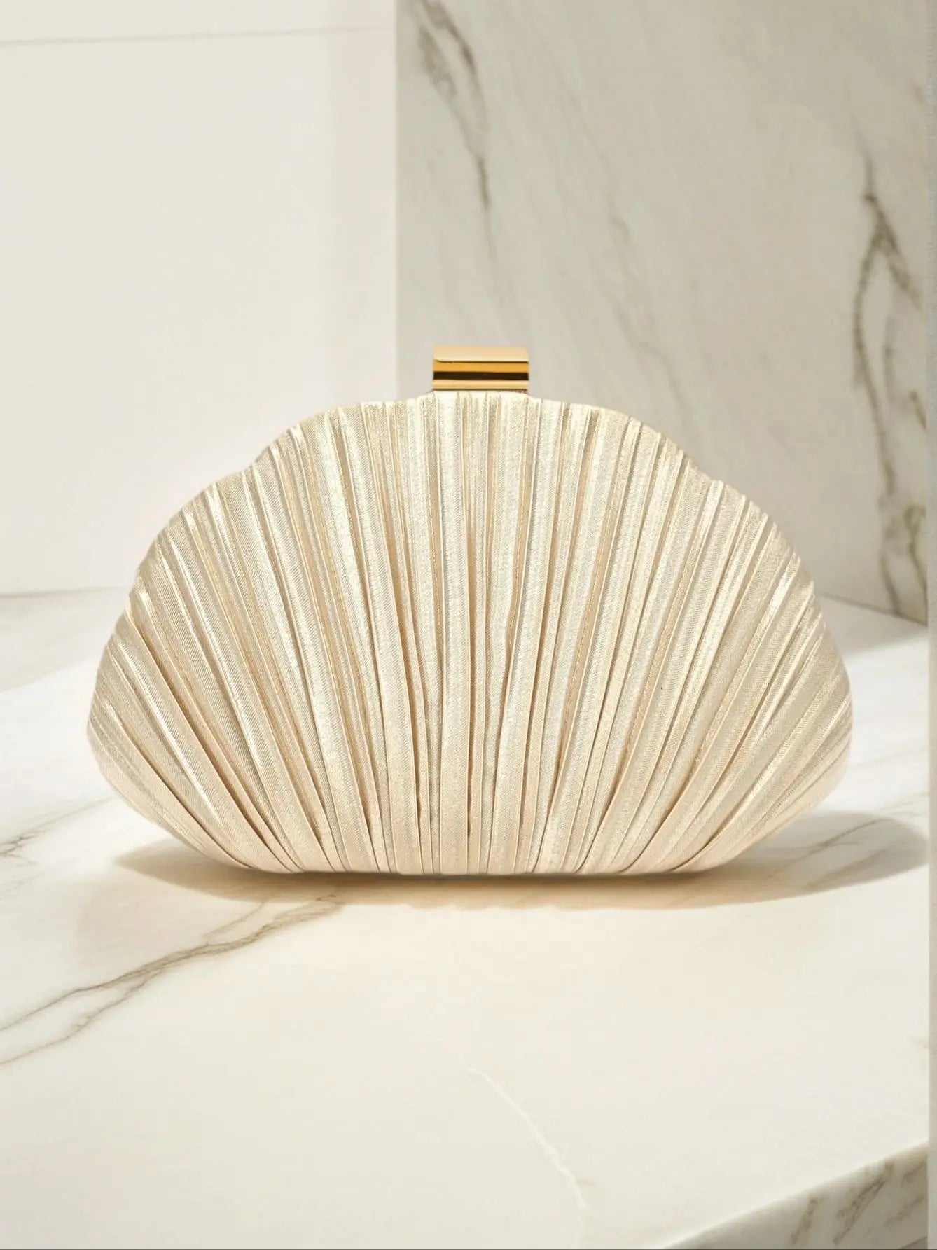 Polyester Ruched Shell Clutch | Hard Apricot Color Glitter Evening Bag Luxegan