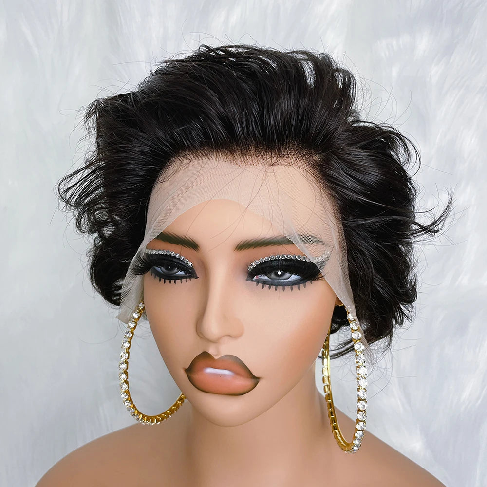Short 8-Inch Curly Wave Lace Front Wig | 13x4 Transparent Swiss Lace Frontal Wig | 100% Brazilian Remy Human Hair Pre-Plucked Glueless Curly Bob for Women (Natural Color) Luxegan