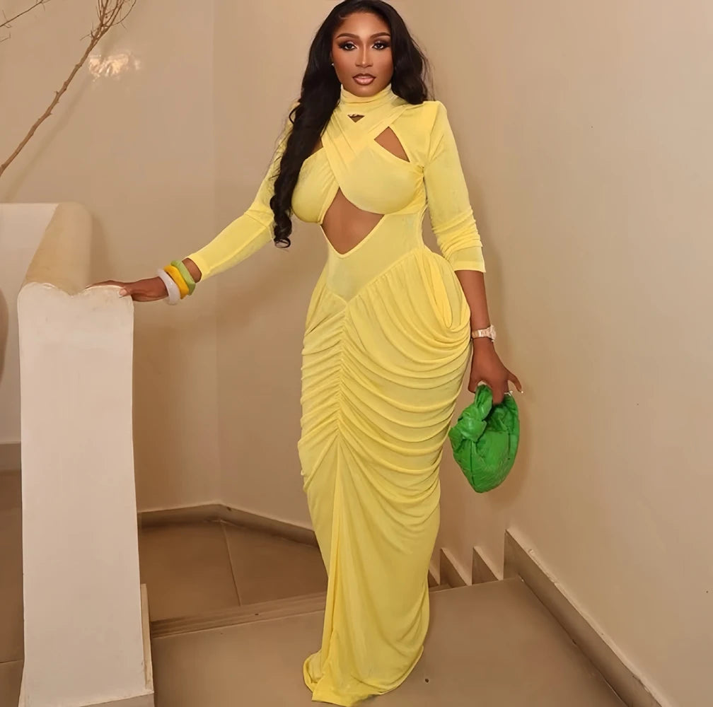 High Neck Long Sleeve Hollow-Out Ruched Fit & Flare Maxi Dress | Sexy Streetwear Party Birthday Dress Luxegan