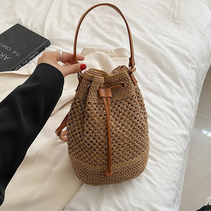 Simple Straw Bucket Bag for Women | Woven Handmade Shoulder Bag & Drawstring Crossbody Bag (Rattan Beach Bag for Girls & Travel Purse) Luxegan