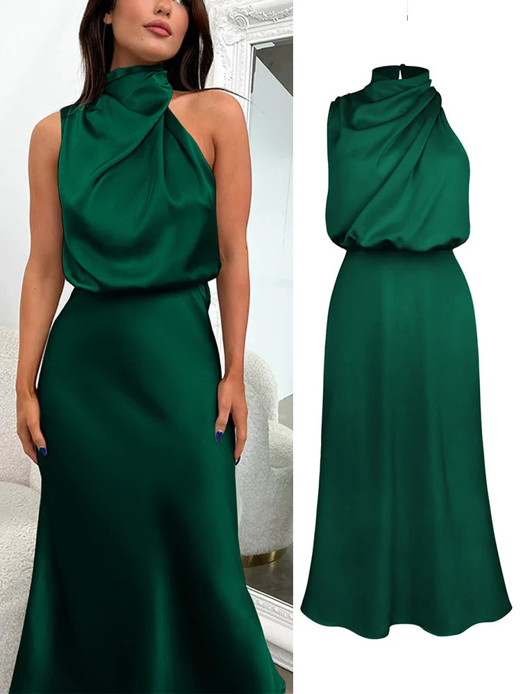Women's Summer High-End Silk Satin Long Dress | Elegant Celebrity Evening Gown | Luxury Scarf Collar Sleeveless Party Dress | Premium Knit Asymmetrical Slip Maxi Robe Luxegan