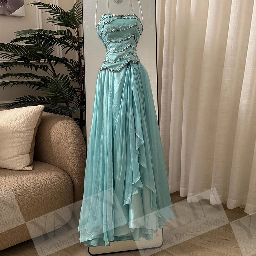 Beaded Draped A-Line Prom Gown | Strapless Sleeveless Floor-Length Evening Dress Luxegan