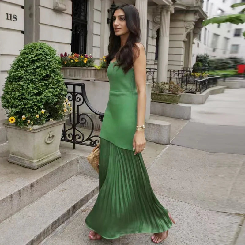 Women's Elegant Green Pleated Long Dress | Summer Knit Patchwork Ankle-Length Gown | Sleeveless O-Neck Medium-Stretch High-Street Dress Luxegan