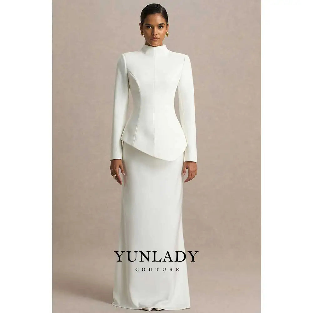 YUNLAN Gorgeous Saudi Arabian Ivory High Neck Custom Satin Wedding Dress 2025 Muslim Women's Formal Party Black Long Sleeve Gown