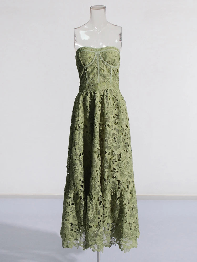 Solid Strapless Sleeveless Embroidery Detail Slim Fit A-Line Ankle-Length Cotton Dress – Natural Waist, Summer Luxegan