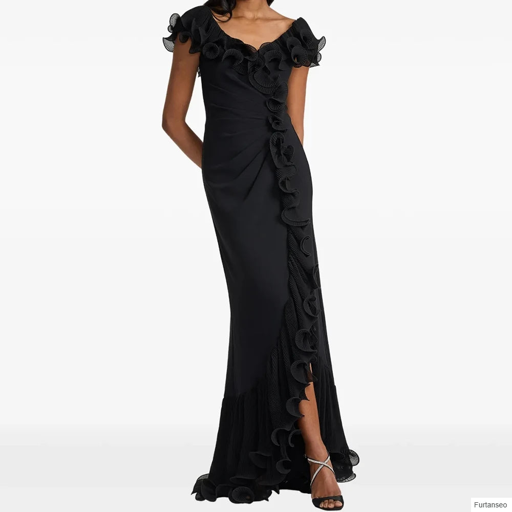 Ruched Pleat Draped Mermaid Evening Gown | Off-Shoulder Sleeveless Floor-Length Prom Dress Luxegan