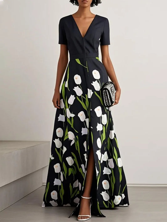 Yeezzi 2025 Nuevo Vestido Elegante de Mujer con Estampado Floral y Cuello en V, Vestido Maxi de Fiesta de Noche de Línea A con Mangas Cortas y Abertura Delantera