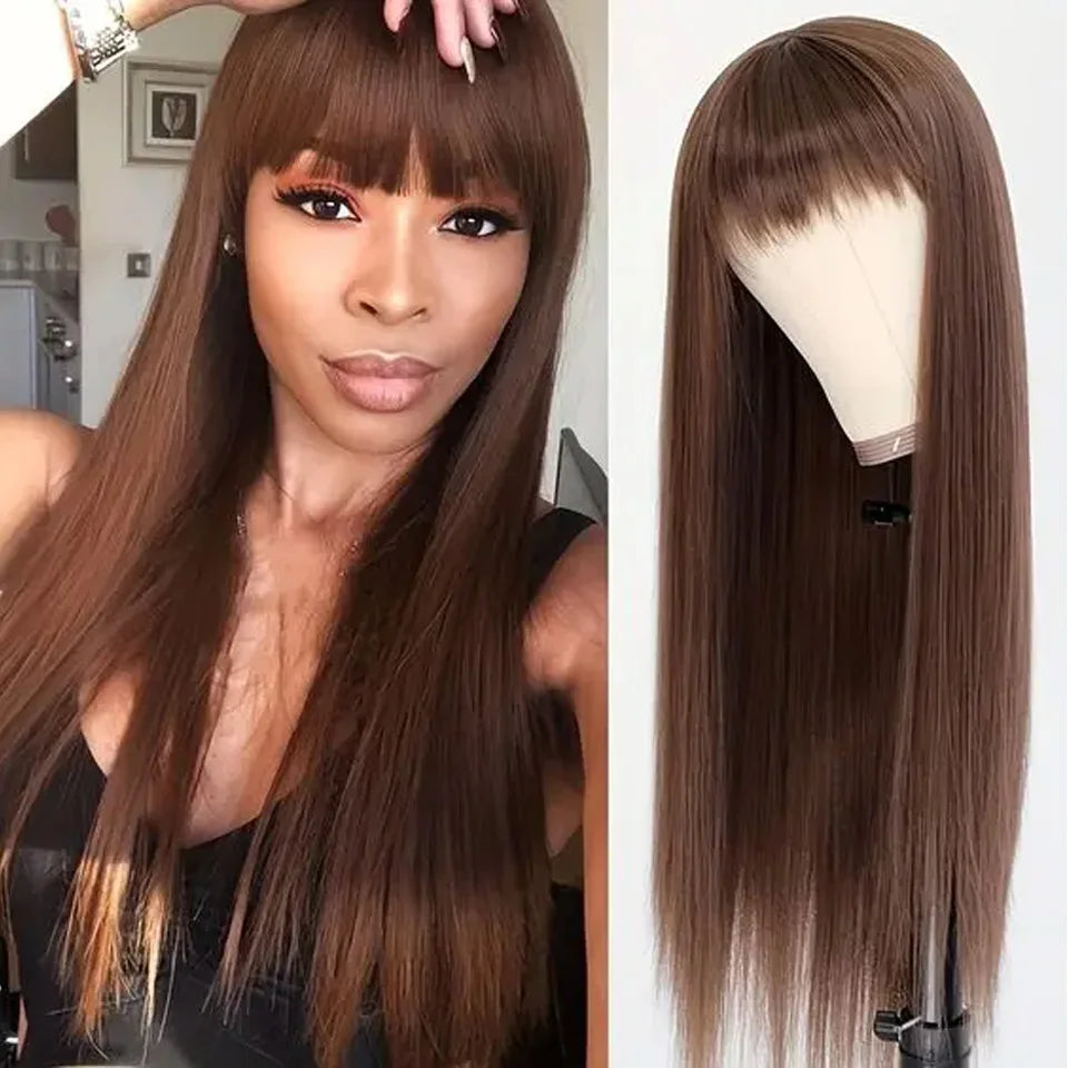 180% Density Ginger Straight Human Hair Wig with Bangs | Full Machine Made Brazilian Hair for Cosplay & Daily Wear Luxegan