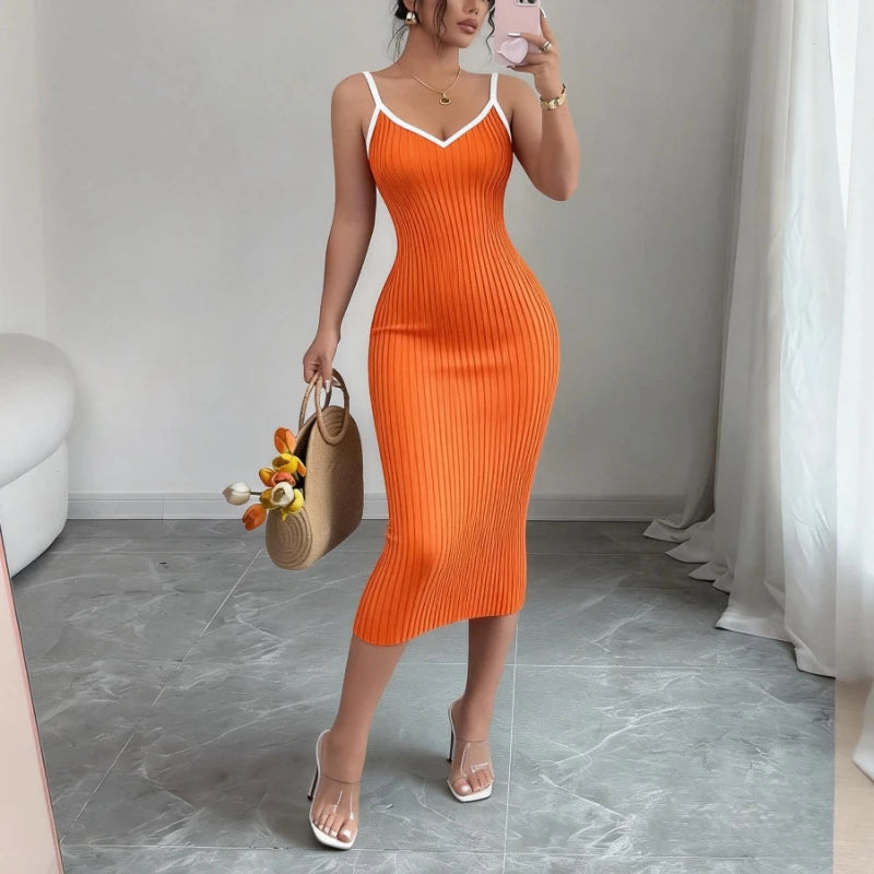 Solid V-Neck Spaghetti Strap Sleeveless Regular Fit Sheath Mid-Calf Dress – Empire Waist, High-Stretch Knit, Summer Luxegan