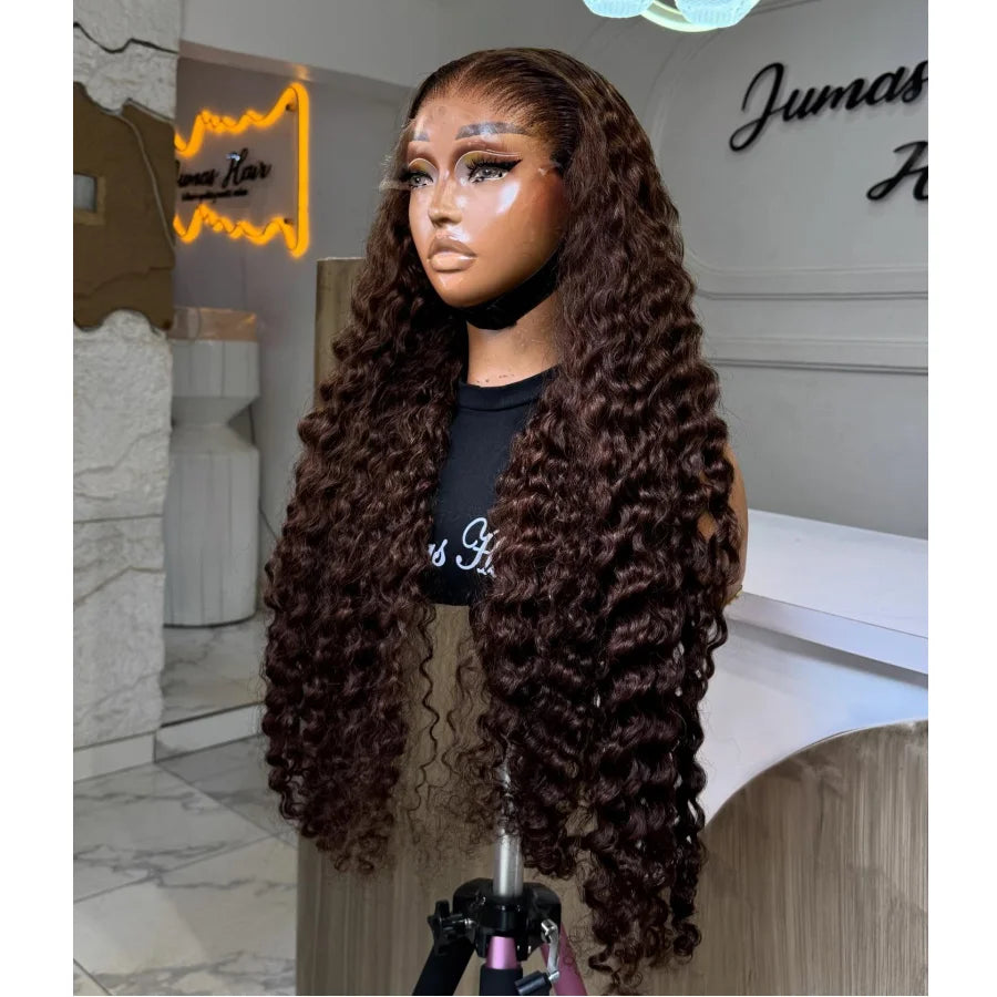 32 & 34-Inch Chocolate Brown Deep Wave HD Lace Wig | Sophisticated 200% Density 13x4 Transparent Frontal | Elegant "Brazilian Remy" Silhouette | "Dignified" Pre-Plucked Curly Human Hair for Radiant Versatile Styling Luxegan