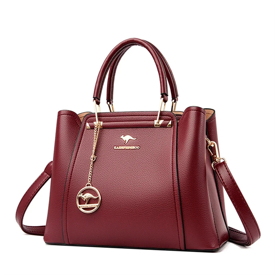 Luxury Women’s Designer 3-Layer Shoulder Bag | Large Capacity Microfiber Leather Crossbody | Sophisticated Shopper Tote with Kangaroo Logo & Pendant | Fashion-Forward Multi-Compartment Messenger Luxegan