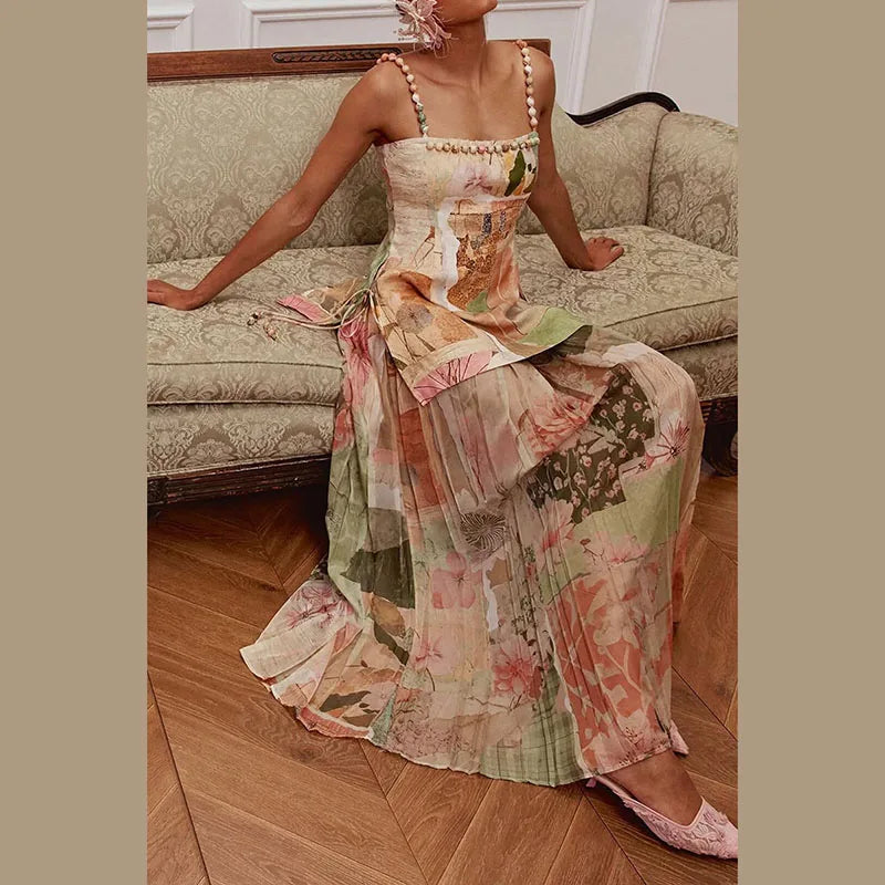 Print Fashion Square Neck Sleeveless Slim Sheath Ankle-Length Dress with Ruffle Detailing – Slight-Stretch Polyester, Natural Waist, Spring/Summer Luxegan