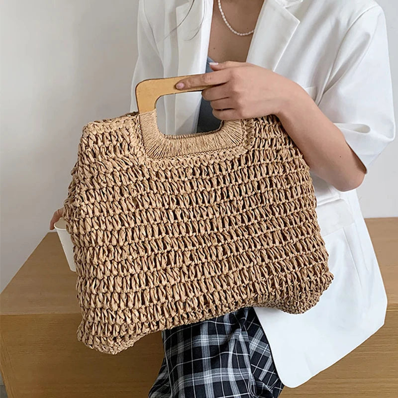 Summer Woven Straw Handbag | Wooden Handle Bag & Large Capacity Beach Tote Luxegan
