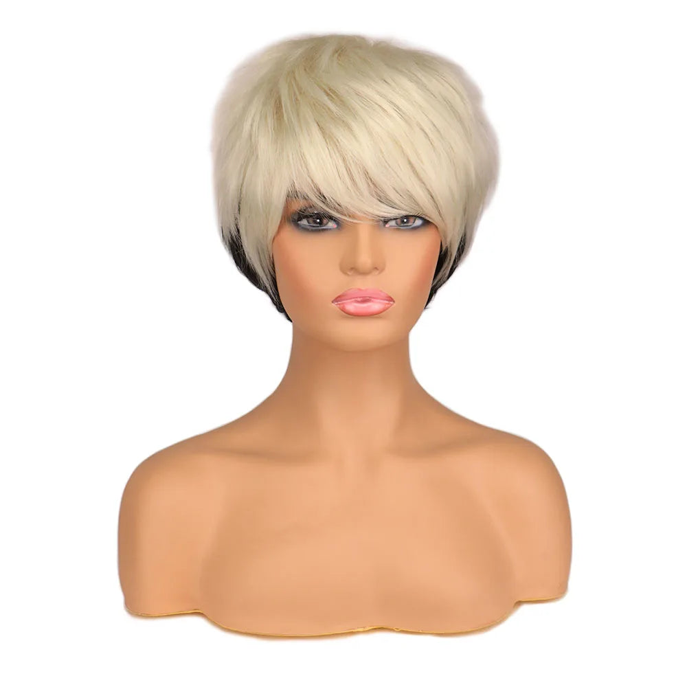 Short Brown Bob Wig with Bangs | Mixed Blonde Synthetic Natural Hair Wig for Women (Soft Mommy Hair, Daily Use) Luxegan