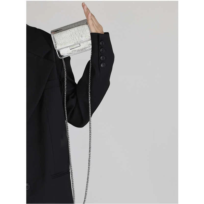 Summer Patent Leather Chain Mini Handbag | Women's Silver PU Crossbody Bag | HARD Fashion Square Buckle Lipstick Purse Luxegan