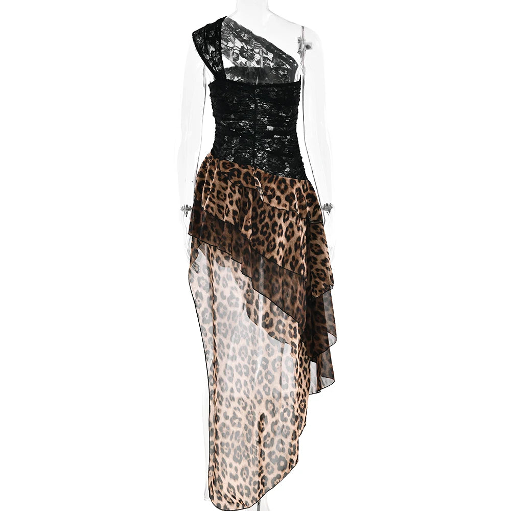 Women's One-Shoulder Patchwork Leopard Print Dress | Sexy See-Through Lace Clubwear Maxi Dress | Elegant Asymmetric Ruffle Party Dress | Premium Medium Stretch Slim Fit Ankle-Length Vestido Luxegan