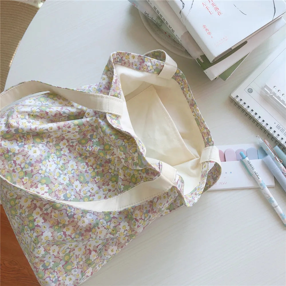 Cotton Floral Women's Bag | Large Canvas Shopping Shoulder Bag for Grocery | Reusable Foldable Female Students Books Tote Handbags Luxegan