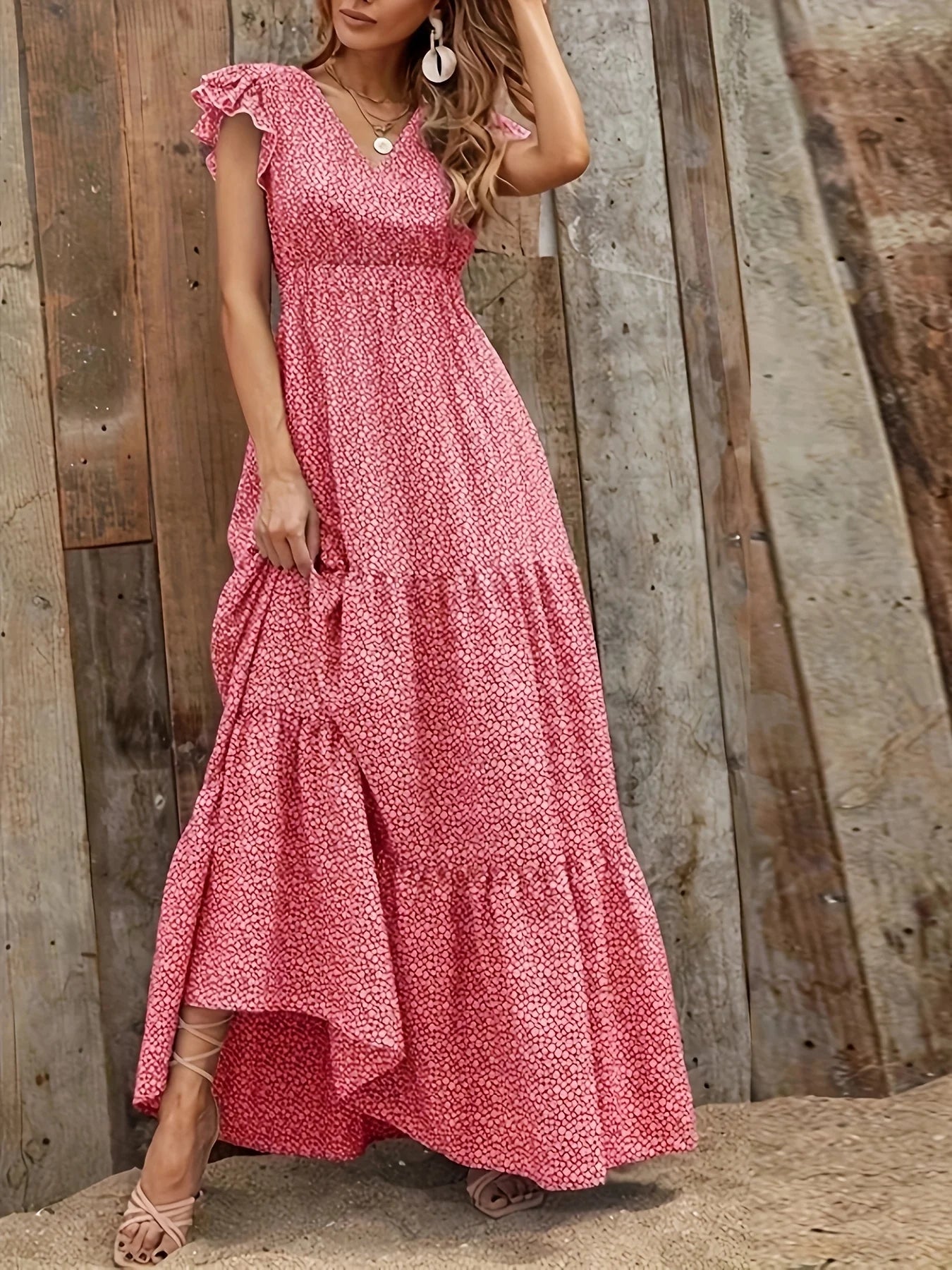 Floral Butterfly Sleeve Fit & Flare Dress | V-Neck Waist-Cinched Vacation Maxi Dress Luxegan