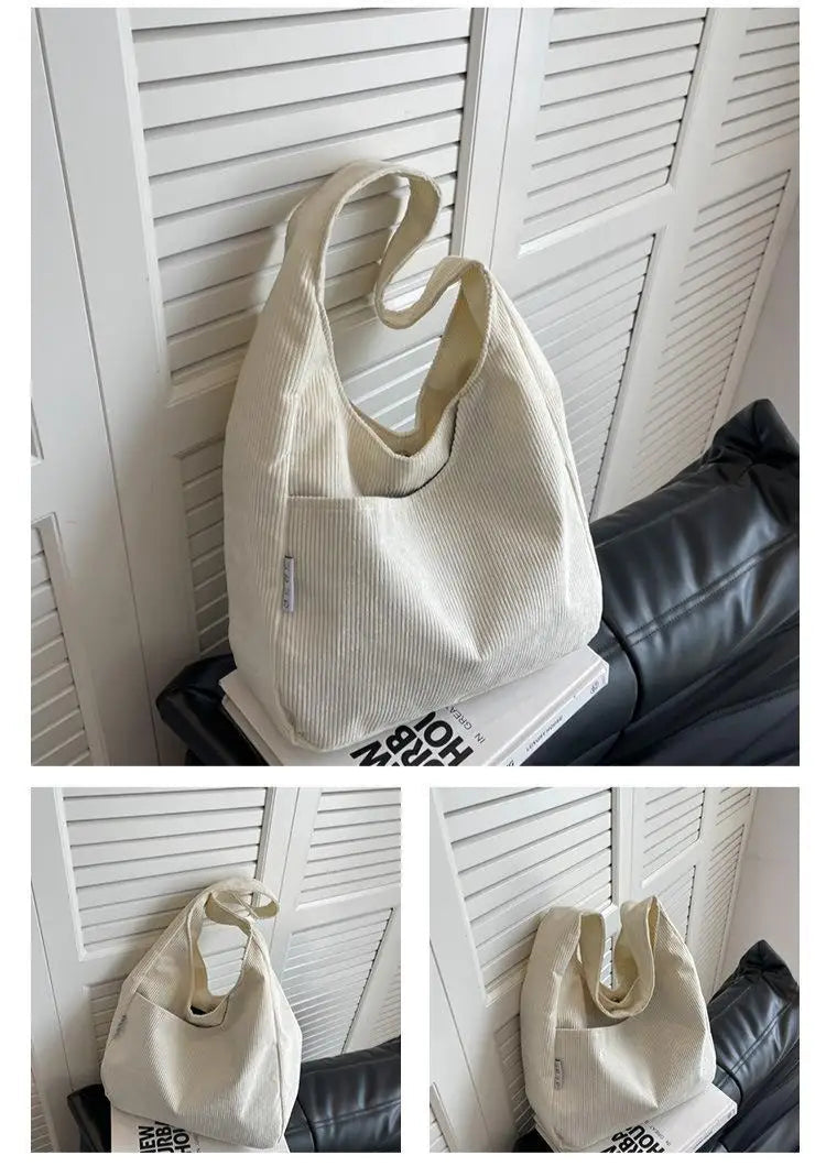 Canvas Corduroy Tote Bag | Simple Casual Large Capacity & Solid Shopper Bag Luxegan